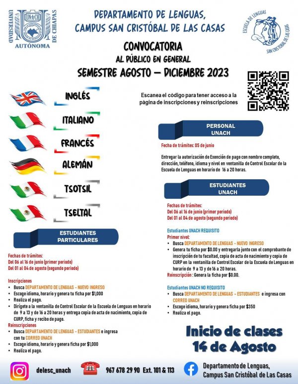 INSCRIPCIONES Y REINSCRIPCIONES DEPARTAMENTO DE LENGUAS AGO-DIC 2023